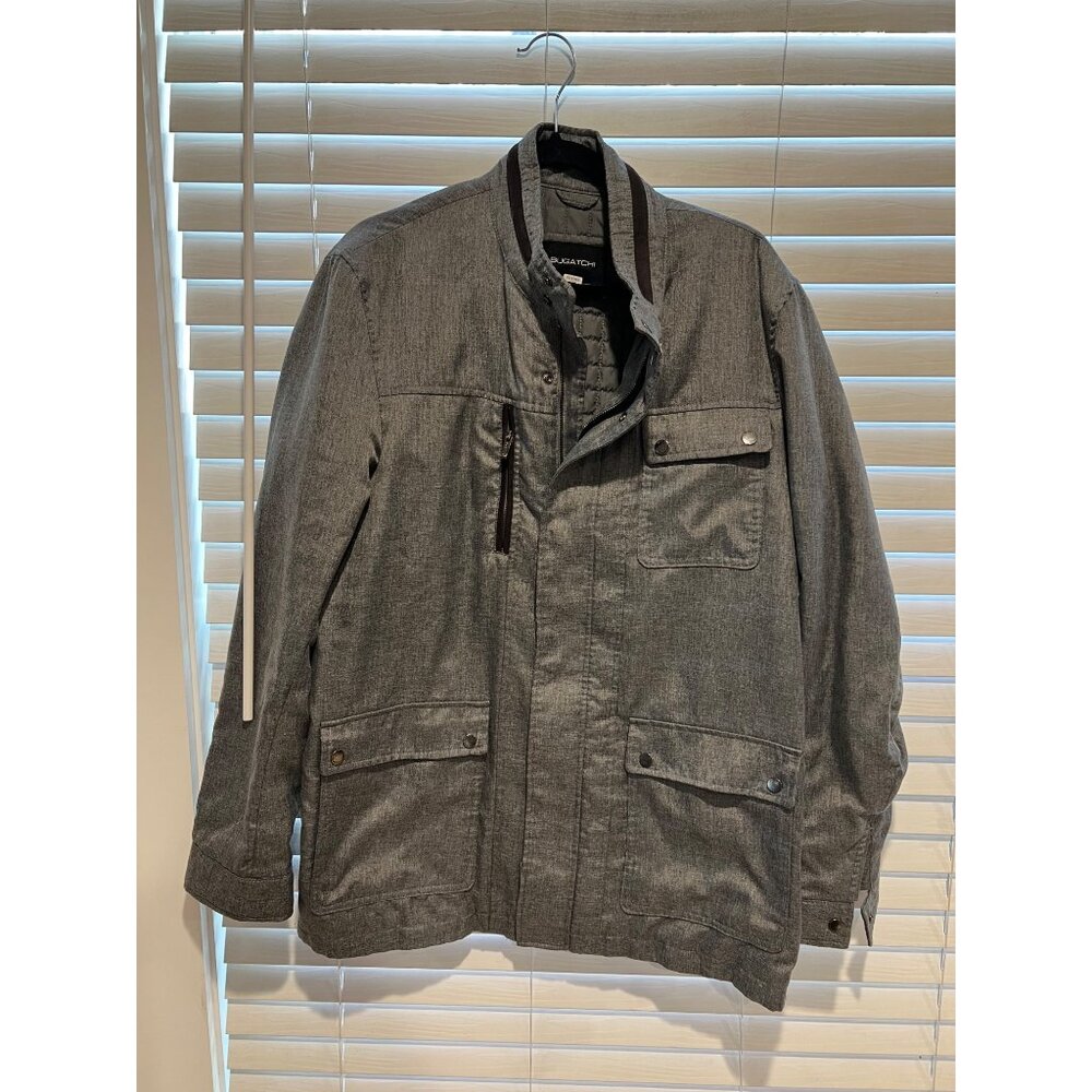 Bugatchi Mens Grey Herringbone Quilted Lined Field Jacket Size Large Zip Snap